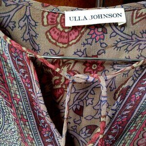 Ulla Johnson Tan Paisley Tie-Neck Blouse with Red and Blue Motifs